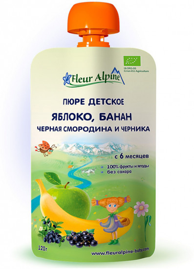 Пюре «Яблоко, банан, черная смородина и черника»
