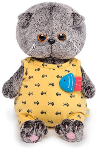 Мягкая игрушка Кот Басик Baby в желтом комбинезоне с рыбкой (20 см)