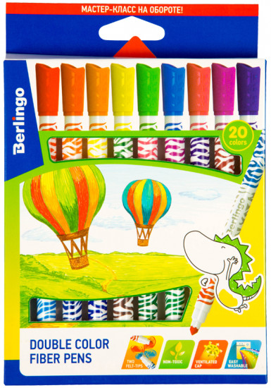 Фломастеры двусторонние (смываемые, 20 цветов, 10 шт.)