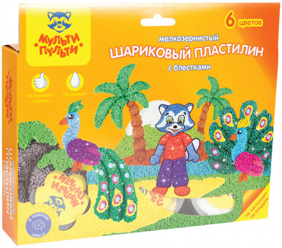 Пластилин шариковый с блестками (мелкозернистый, незастывающий, 6 цветов)
