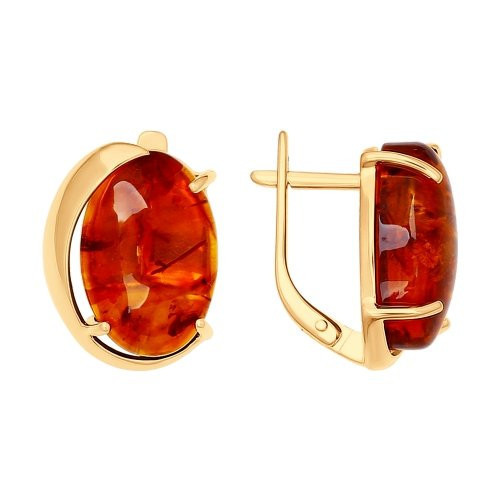 Серьги из золочёного серебра с коричневым янтарём