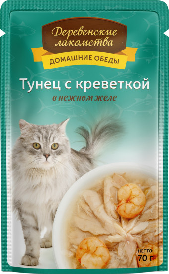 Корм для кошек с тунцом и креветками в нежном желе