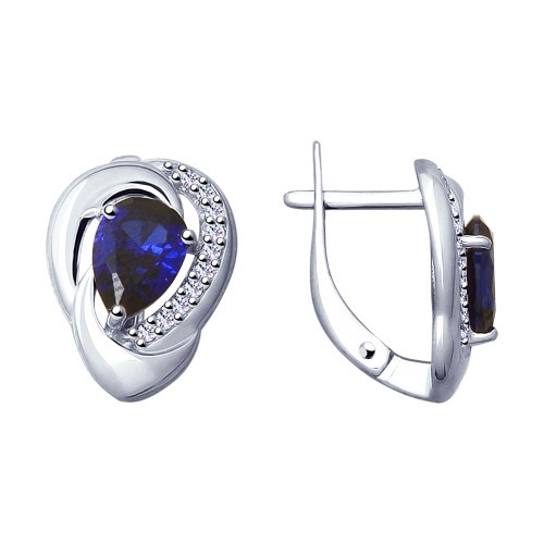 Серьги из серебра с корундом сапфировым и фианитами