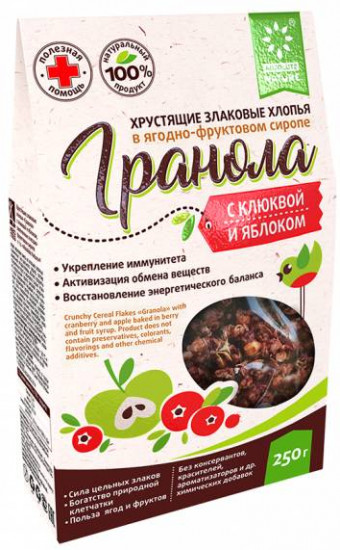 Хлопья злаковые «Гранола» со вкусом клюквы и яблока