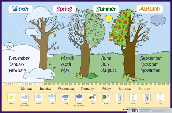 Времена года, месяцы, дни недели. Seasons, months, days of week. Наглядное пособие для начальной школы
