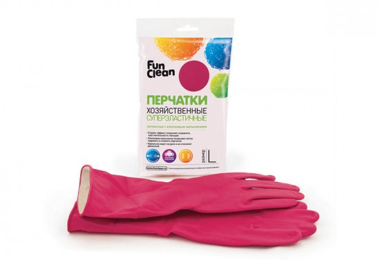 Перчатки хозяйственные "Fun Clean" латексные с хлопковым напылением, суперэластичные, цвет малиновый, размер L