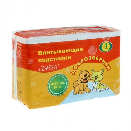 Подстилки впитывающие «Доброзверики Классик» 60 х 40 см, 30 шт
