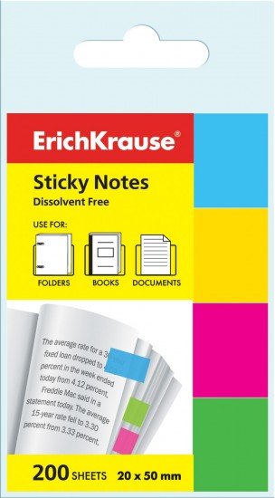 Закладки с клеевым краем «ErichKrause. Неон», 200 штук, 4х20х50 мм, цвет в ассортименте