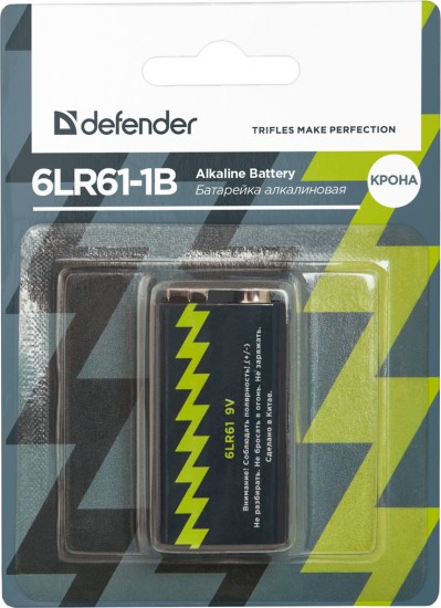 Батарея 6LR61 «Defender» Alkaline -1B (9V Крона), 1 штука