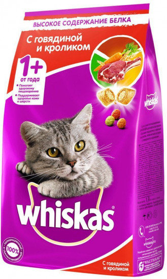 Корм сухой для кошек подушечки с паштетом, говядиной и кроликом «Whiskas» (1,9 кг)