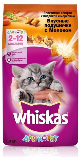 Корм сухой для котят «Вкусные подушечки» с молоком, индейкой и морковью (1,9 кг)