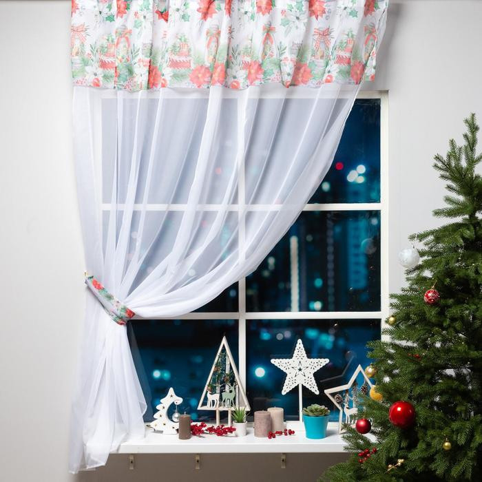Тюль с подхватом и ламбрекеном «Christmas red flowers» — Купить за 16 743